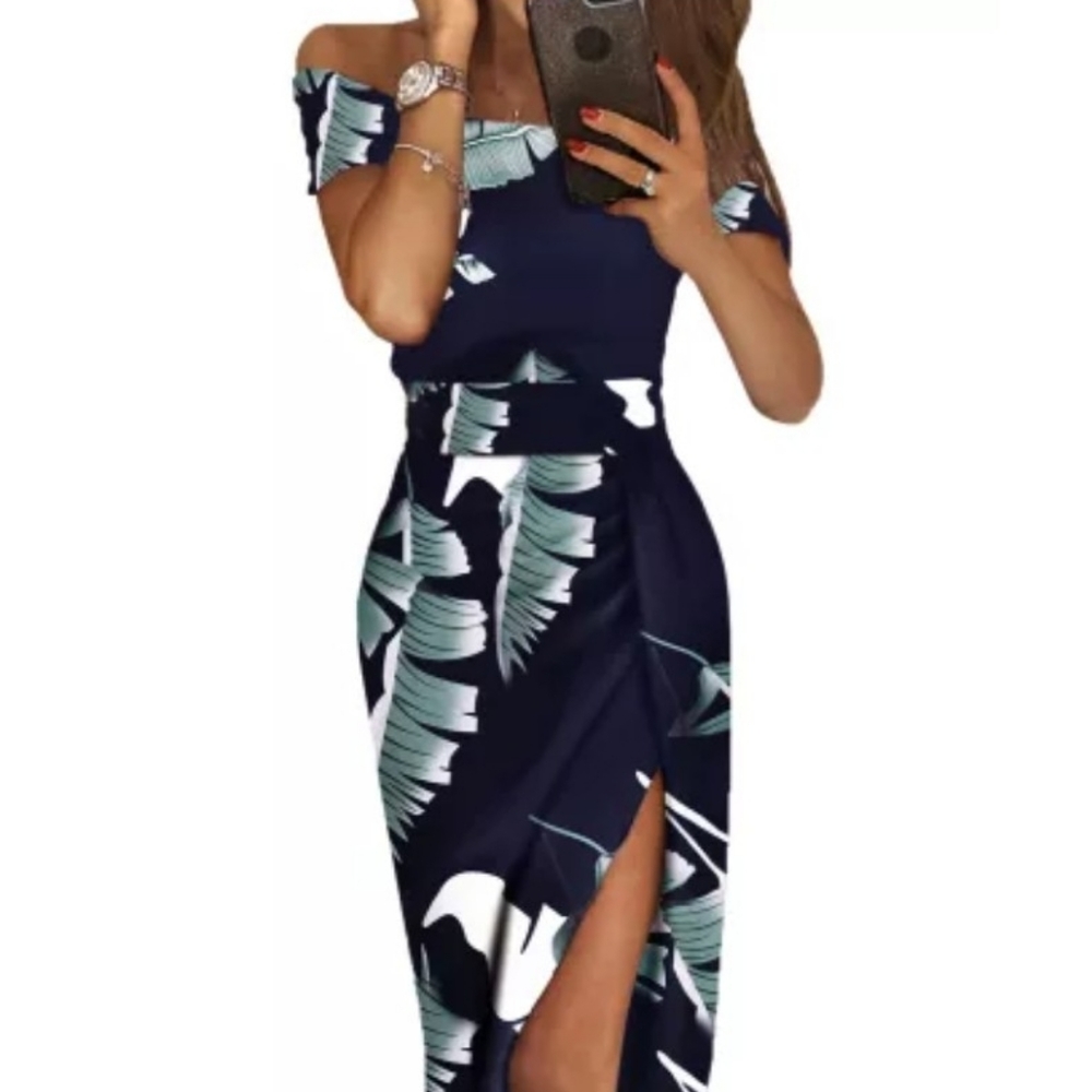 Tropical Print Off Shoulder Dress